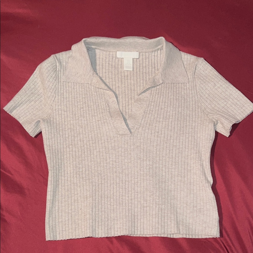 H&M - Cream Ribbed Knit Collared Top - Size S